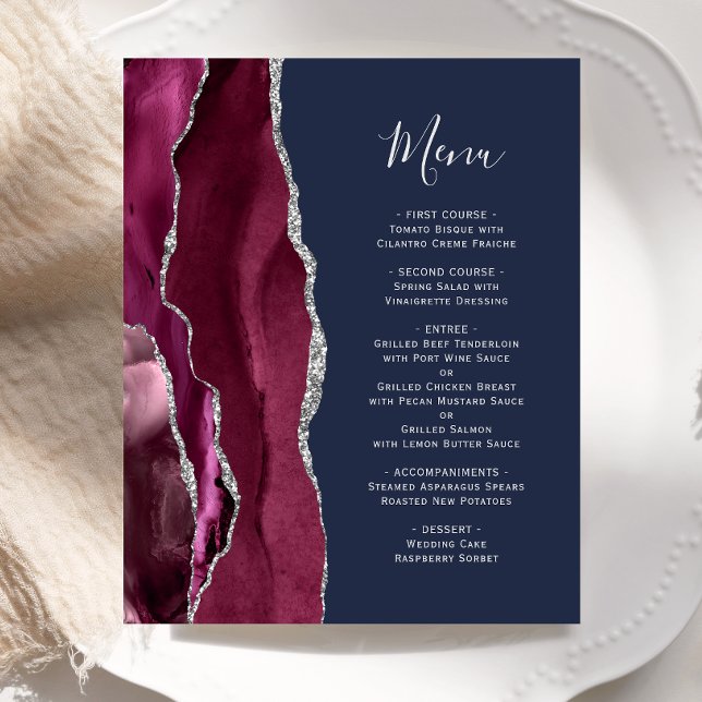 Budget Burgundy Silver Agate Navy Hochzeitsmenü (Von Creator hochgeladen)
