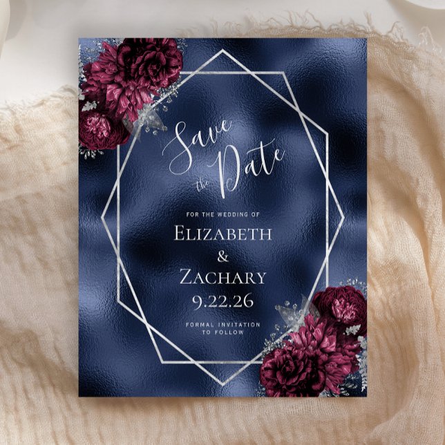 Budget Burgundy Silver Floral Navy Save the Date (Von Creator hochgeladen)