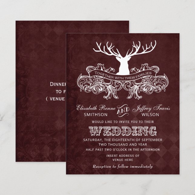 Budget Burgundy Stag Wedding Einladung (Vorne/Hinten)