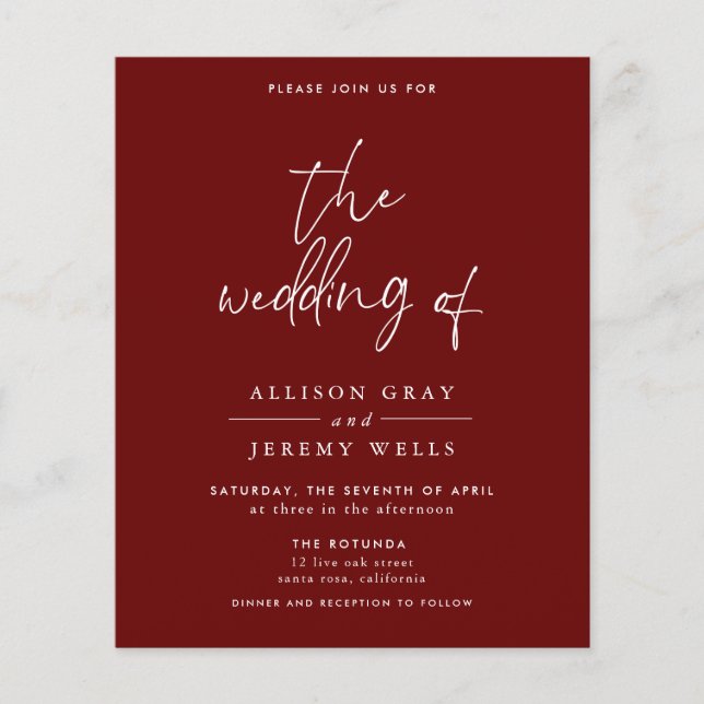 Budget Burgundy Wedding Einladung Flyer (Vorne)