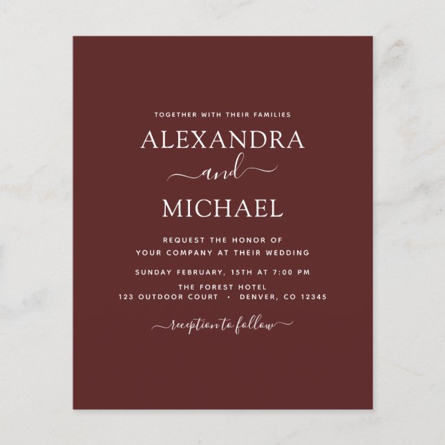 Budget Burgundy Wedding Moderne Typografie Flyer (Vorne)