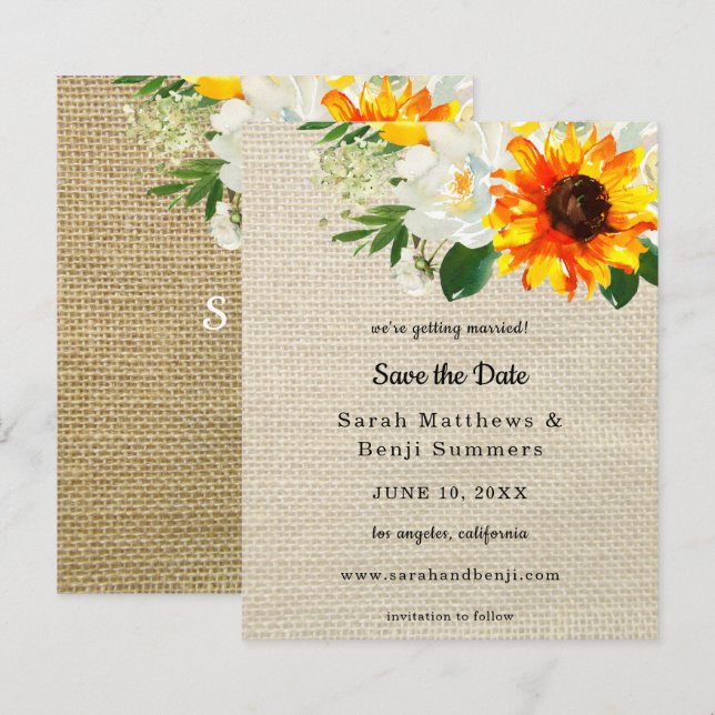 Budget Burlap Sunflower & Whi Floral Save the Date (Vorne/Hinten)
