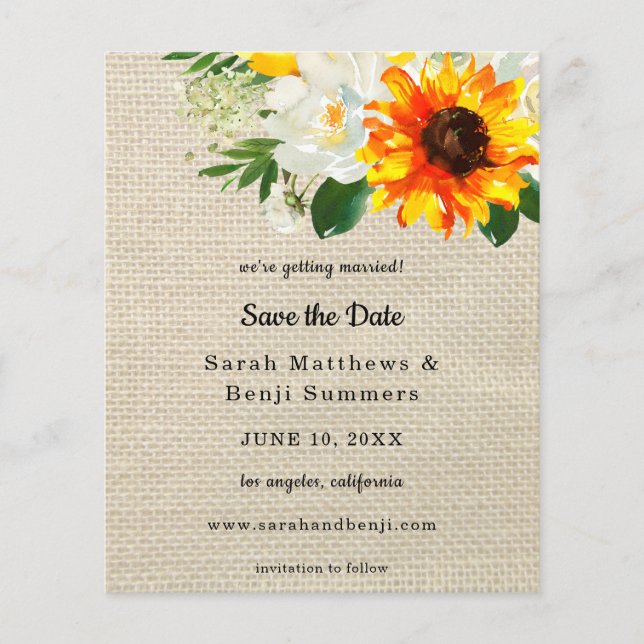 Budget Burlap Sunflower & Whi Floral Save the Date Flyer (Vorne)