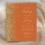 Budget Burnt Orange Gold Glitzer Hochzeit Einladun<br><div class="desc">Die links Kulisse dieser modernen Hochzeitseinladung besticht durch einen vergoldeten Glitzer mit Imitaten. Der individuell anpassbare Text kombiniert blassgoldene Handschrift,  Copperplate und kursiv Schriftart auf einem verbrannten orangen Hintergrund. Auf der Rückseite ist ein passendes Orange- und Golddesign zu sehen.</div>