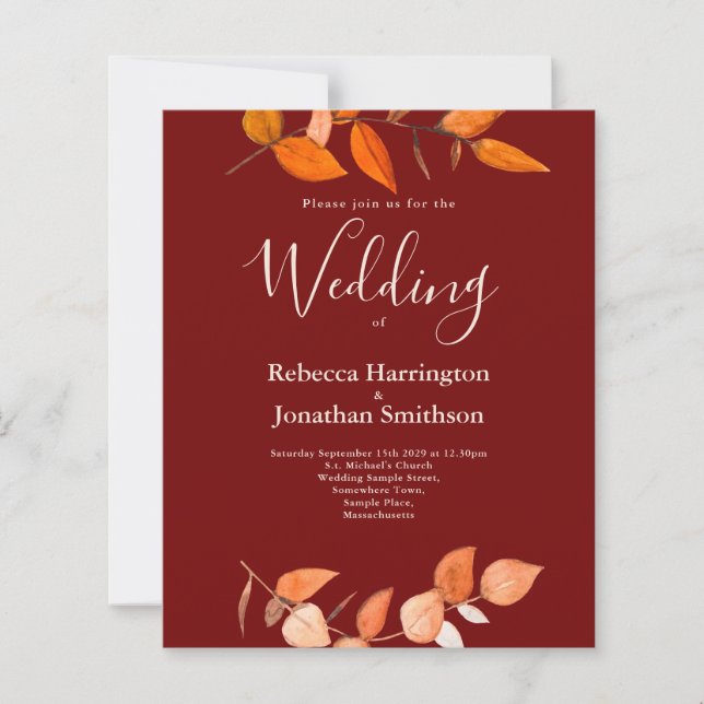 Budget Burnt Orange Leaf Red Wedding RSVP Einladun (Vorderseite)