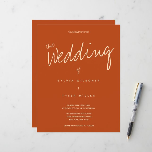 Budget Burnt Orange Typografie Einladung Hochzeit (Vorderseite/Rückseite Beispiel)