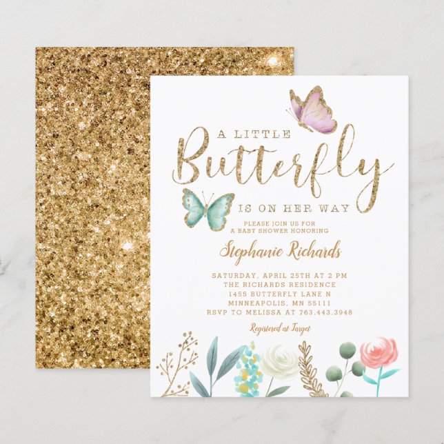 Budget Butterfly Garden Gold Baby Dusche einladen (Vorne/Hinten)