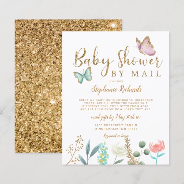 Budget Butterfly Gold Babydusche per Mail Einladun (Vorne/Hinten)