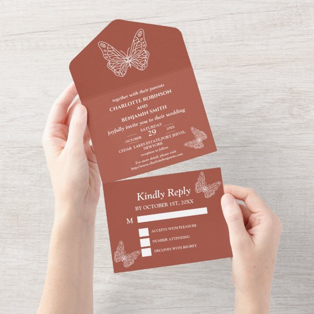 Budget Butterfly Terracotta Wedding All In One Einladung (Abreißtisch)