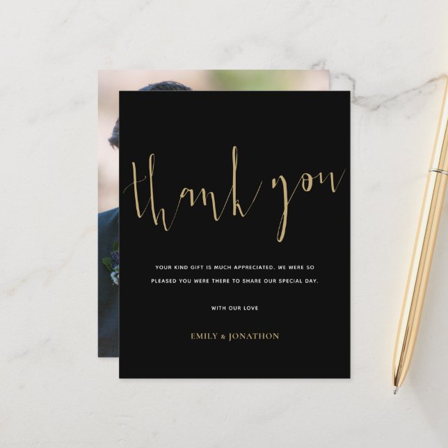Budget Calligraphy Foto Gold Black Wedding Danke (Vorderseite/Rückseite Beispiel)