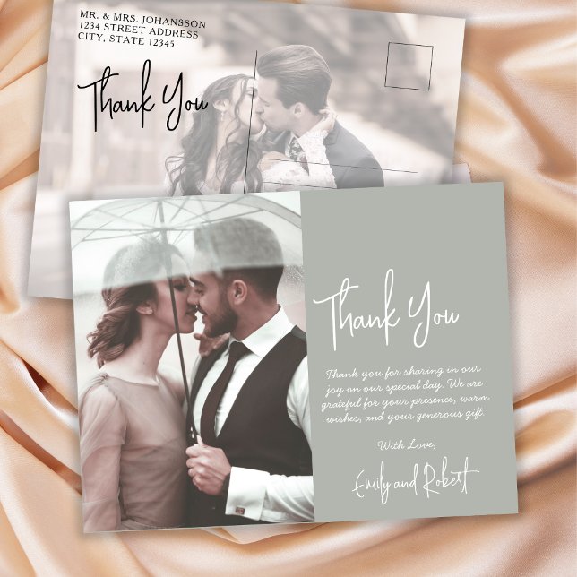 Budget Calligraphy Green Foto Wedding Vielen Dank Postkarte (Von Creator hochgeladen)