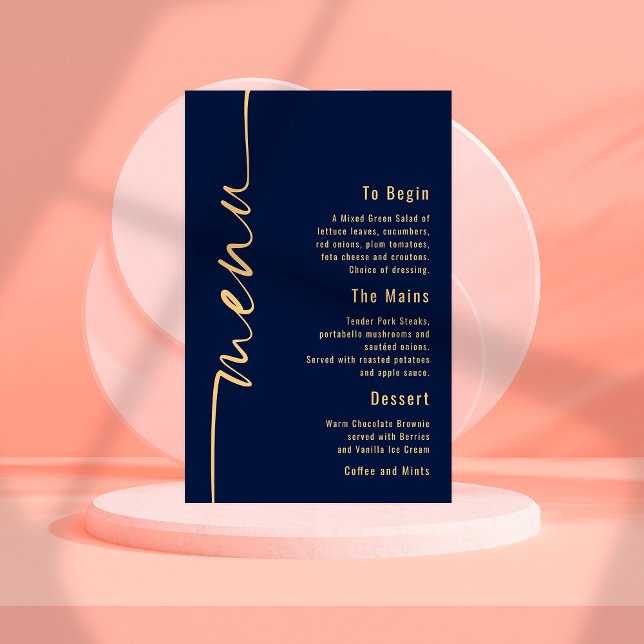 Budget Calligraphy Navy Blue Gold Wedding Menu (Von Creator hochgeladen)