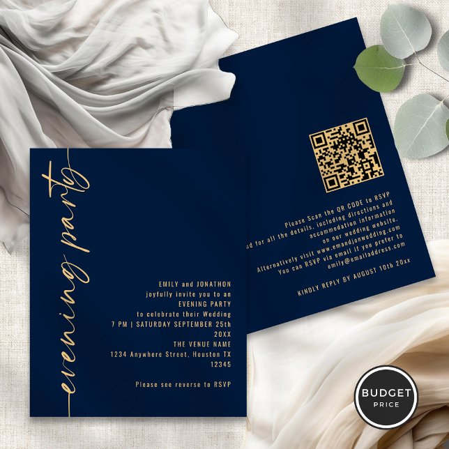 Budget Calligraphy QR Navy Wedding Abend Party (Front and back view)