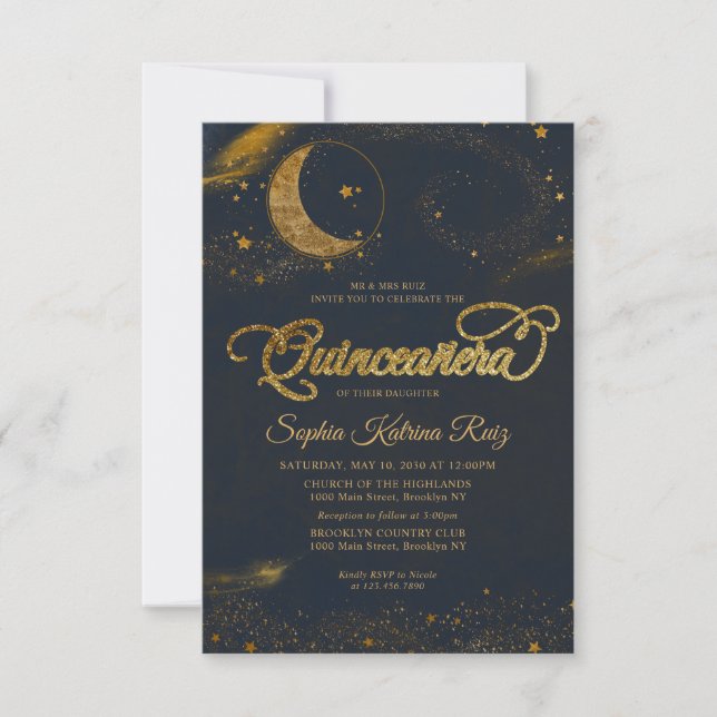 Budget Celestial Blue Gold Star Moon Quinceanera Mitteilungskarte (Vorderseite)