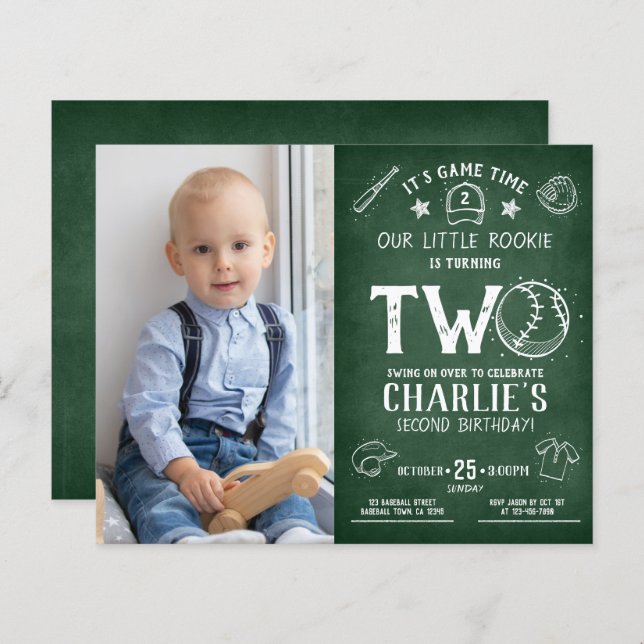 Budget Chalkboard Baseball Foto 2. Geburtstag (Vorne/Hinten)