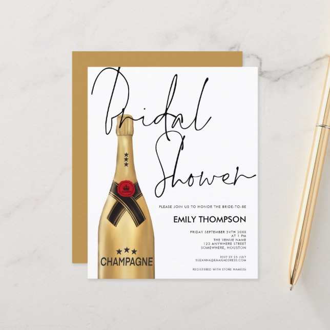 Budget Champagne Flasche Script Gold Brautparty (Vorderseite/Rückseite Beispiel)