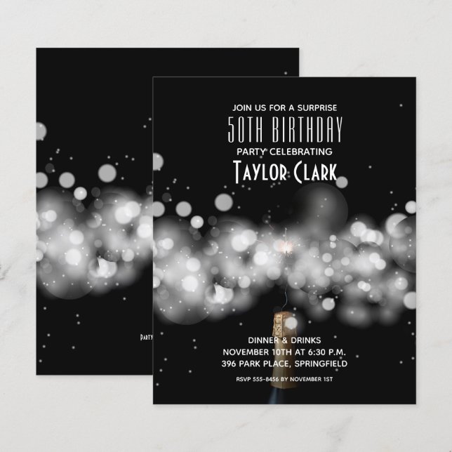Budget Champagne Sparkle 50. Geburtstag Einladunge (Vorne/Hinten)