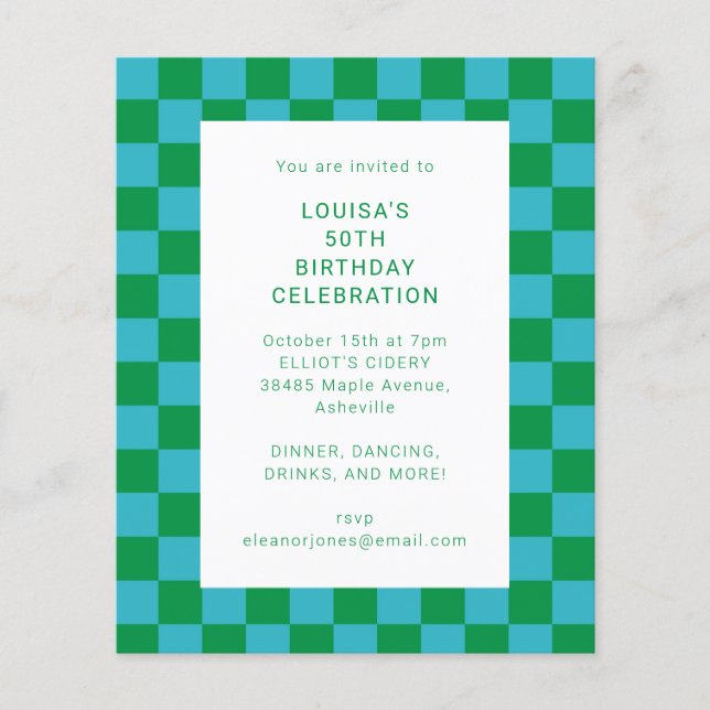 Budget Checkerboard Blue Green Birthday Einladung (Vorderseite)