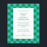 Budget Checkerboard Blue Green Birthday Einladung<br><div class="desc">Niedlicher Spaß Moderne Checkerboard Geometric Geburtstagsparty Einladung in Blau und Grün</div>