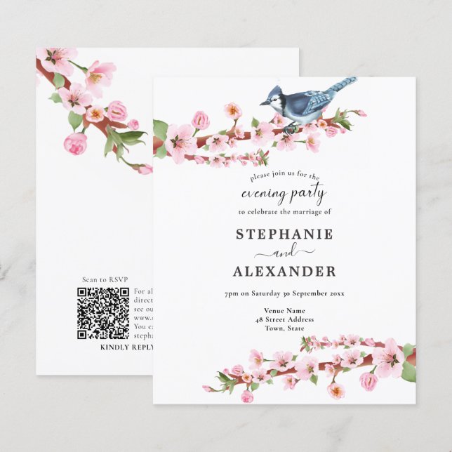 Budget Cherry Blossom Bird QR Abend Party einladen (Vorne/Hinten)