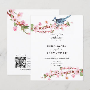 Budget Cherry Blossom Blue Bird QR Hochzeit Einlad
