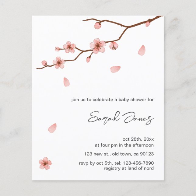 Budget Cherry Blossom Floral Baby Dusche lädt ein (Vorderseite)