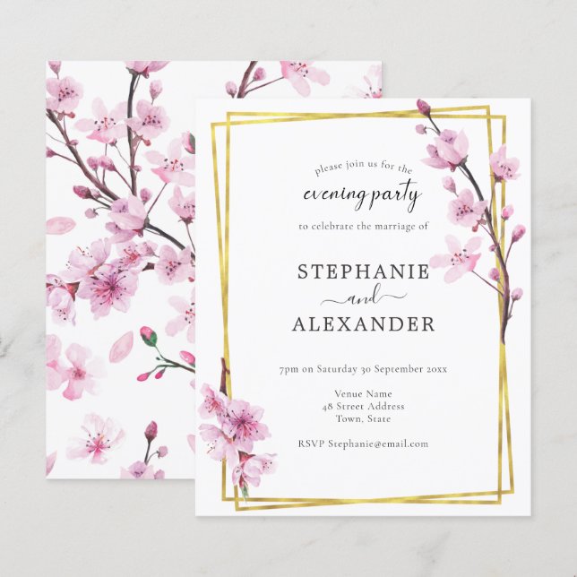 Budget Cherry Blossom & Gold Abend Party Einladung (Vorne/Hinten)