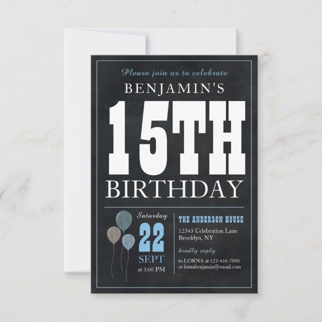 Budget Chic 15. Geburtstag Chalkboard Blue Balloon Mitteilungskarte (Vorderseite)