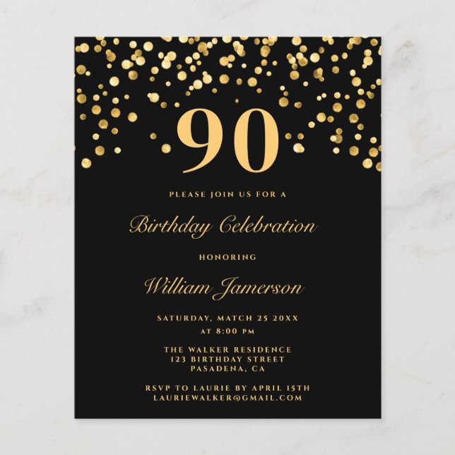 Budget Chic Black Gold 90. Geburtstag Einladung (Vorderseite)