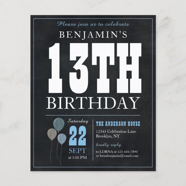 Budget Chic Chalkboard Blue Balloon 13. Geburtstag (Vorderseite)