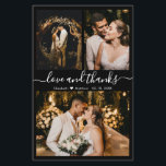 Budget Chic Fotocollage Hochzeit Danke Flyer<br><div class="desc">Budget, modern, elegant, handschriftlich 3 Foto Collage Schwarz und Weiß Hochzeit Danke Flyer/DIN Card. Minimalistische Hochzeit Dankeschön Kartenvorlage mit drei (3) Foto auf der Vorderseite und (1) ein Foto auf der Rückseite. Mit dem Text "Liebe und Dank"-Skript in einer kursiven Hand Letterkalligraphie Swash-Schwanz Schriftart in weißer Farbe auf schwarzem Hintergrund....</div>