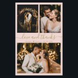 Budget Chic Fotocollage Hochzeit Danke Karte<br><div class="desc">Budget, modern, elegant, handschriftlich 3 Foto Collage Blush Wedding Dankeschön Karte. Minimalistische Hochzeit Dankeschön Kartenvorlage mit drei (3) Foto auf der Vorderseite und (1) ein Foto auf der Rückseite. Mit dem Text "Liebe und Dank"-Skript in einer kursiven Hand gezeichnet Kalligraphie Swash-Schwanz-Schriftart in goldener Farbe auf pastellrot rot Rosa, oder helle...</div>
