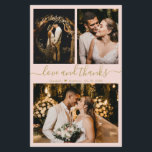 Budget Chic Fotocollage Hochzeit Danke Karte<br><div class="desc">Budget, modern, elegant, handschriftlich 3 Foto Collage Blush Wedding Dankeschön Karte. Minimalistische Hochzeit Dankeschön Kartenvorlage mit drei (3) Foto auf der Vorderseite und (1) ein Foto auf der Rückseite. Mit dem Text "Liebe und Dank"-Skript in einer kursiven Hand gezeichnet Kalligraphie Swash-Schwanz-Schriftart in goldener Farbe auf pastellrot rot Rosa, oder helle...</div>