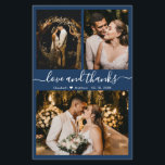 Budget Chic Fotocollage Hochzeit Danke Karte<br><div class="desc">Budget, modern, elegant, handschriftlich 3 Foto Collage Navy Hochzeit Dankeschön Karte. Minimalistische Hochzeit Dankeschön Kartenvorlage mit drei (3) Foto auf der Vorderseite und (1) ein Foto auf der Rückseite. Mit dem Text "Liebe und Dank"-Skript in einer kursiven Hand gezeichnet Kalligrafie Swash-Schwanz Schriftart in Weiß auf marineblau Farbe Hintergrund. Kleines Herz...</div>