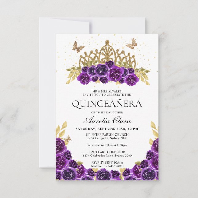 BUDGET Chic Lila Floral Gold Tiara Quinceanera Mitteilungskarte (Vorderseite)