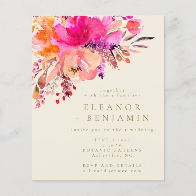 Budget Chic Pink Watercolor Floral Wedite Einladun (Vorderseite)