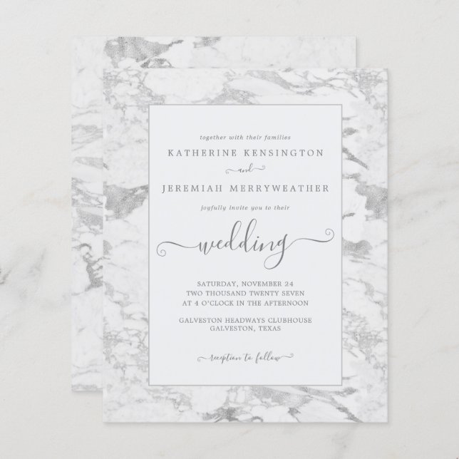 Budget Chic Silver Foil Marmor Hochzeitseinladung (Vorne/Hinten)