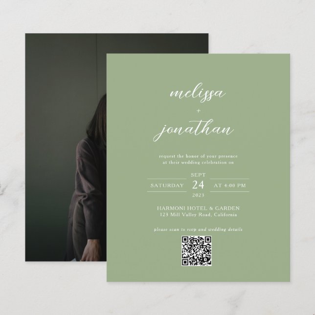 BUDGET Classic Sage Green Photo QR Code Wedding (Vorne/Hinten)