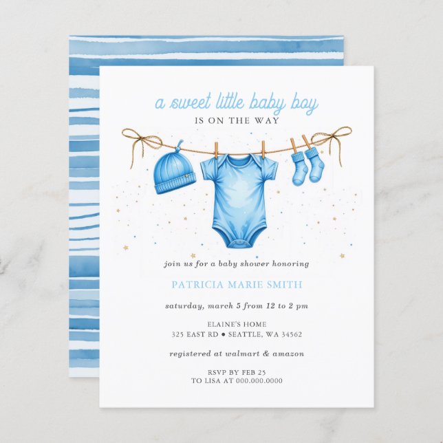 Budget Clothesline Blue Boy Baby Shower invitation (Vorne/Hinten)