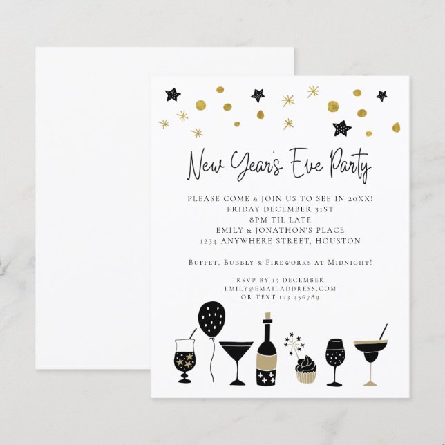 Budget Cocktails Gold Black Silvester Einladung (Vorne/Hinten)