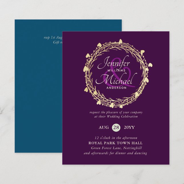 BUDGET Color Trends Gold Wreath Wedite Einladung (Vorne/Hinten)