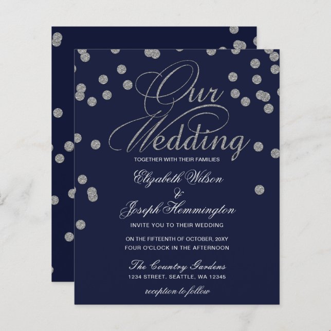 Budget Confetti Navy Silver Wedding Einladung (Vorne/Hinten)