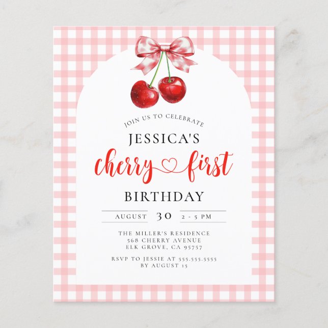 Budget Coquette Cherry Erster Geburtstag Einladung (Vorderseite)