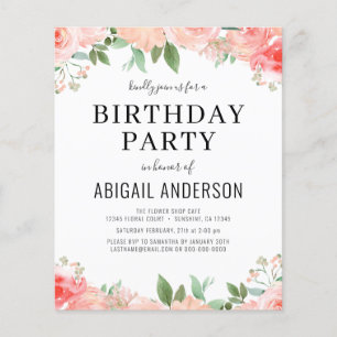 Budget Coral Floral Girly Birthday Einladung Flyer