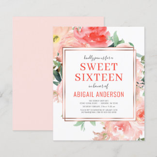 Budget Coral Floral Peach 16 . Geburtstag Einladun
