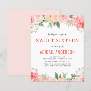 Budget Coral Floral Sweet 16 Geburtstag Einladung