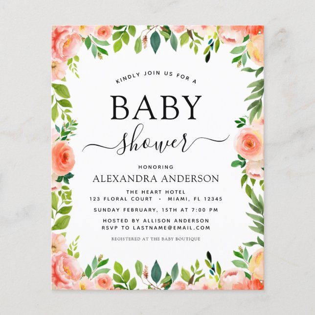 Budget Coral Peach Baby Dusche Blumenladen Flyer (Vorne)