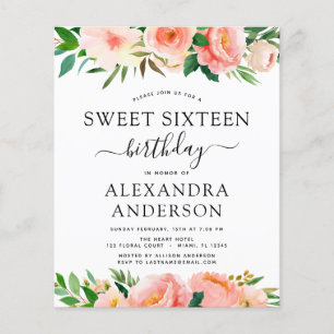 Budget Coral Peach Floral 16 . Geburtstag Flyer