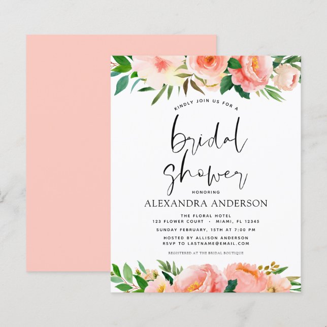 Budget Coral Peach Floral Bridal Dusche Einladung (Vorne/Hinten)
