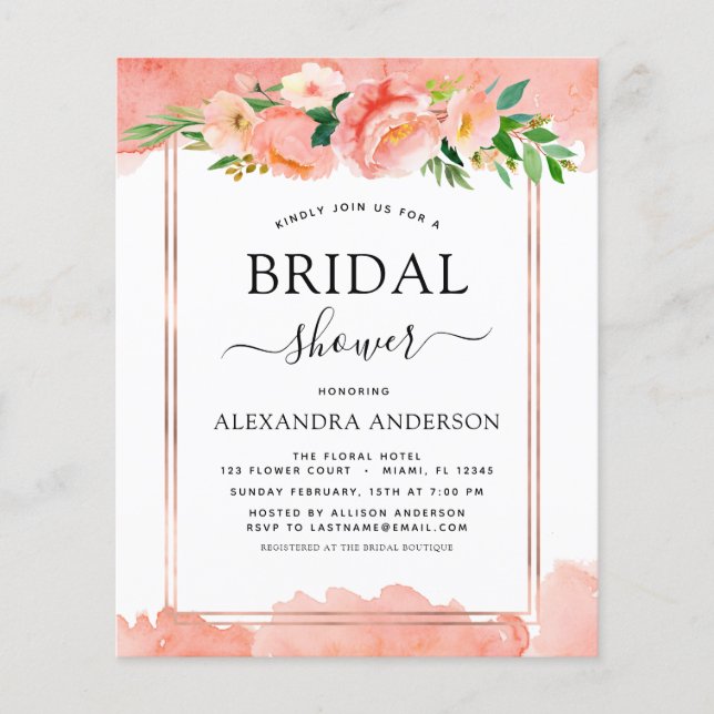 Budget Coral Peach Floral Bridal Dusche Einladung (Vorderseite)